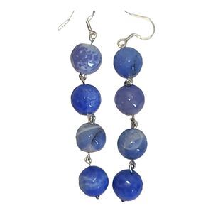 Handmade Sterling Silver 925 Blue Aventurine 12mm Beaded Dangle Drop Earrings 3"